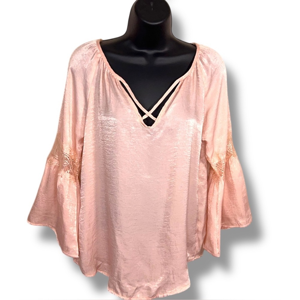 Small Crave Fame Pastel Pink Peach Blouse Satin Top Bell Sleeve Boho Bohemian